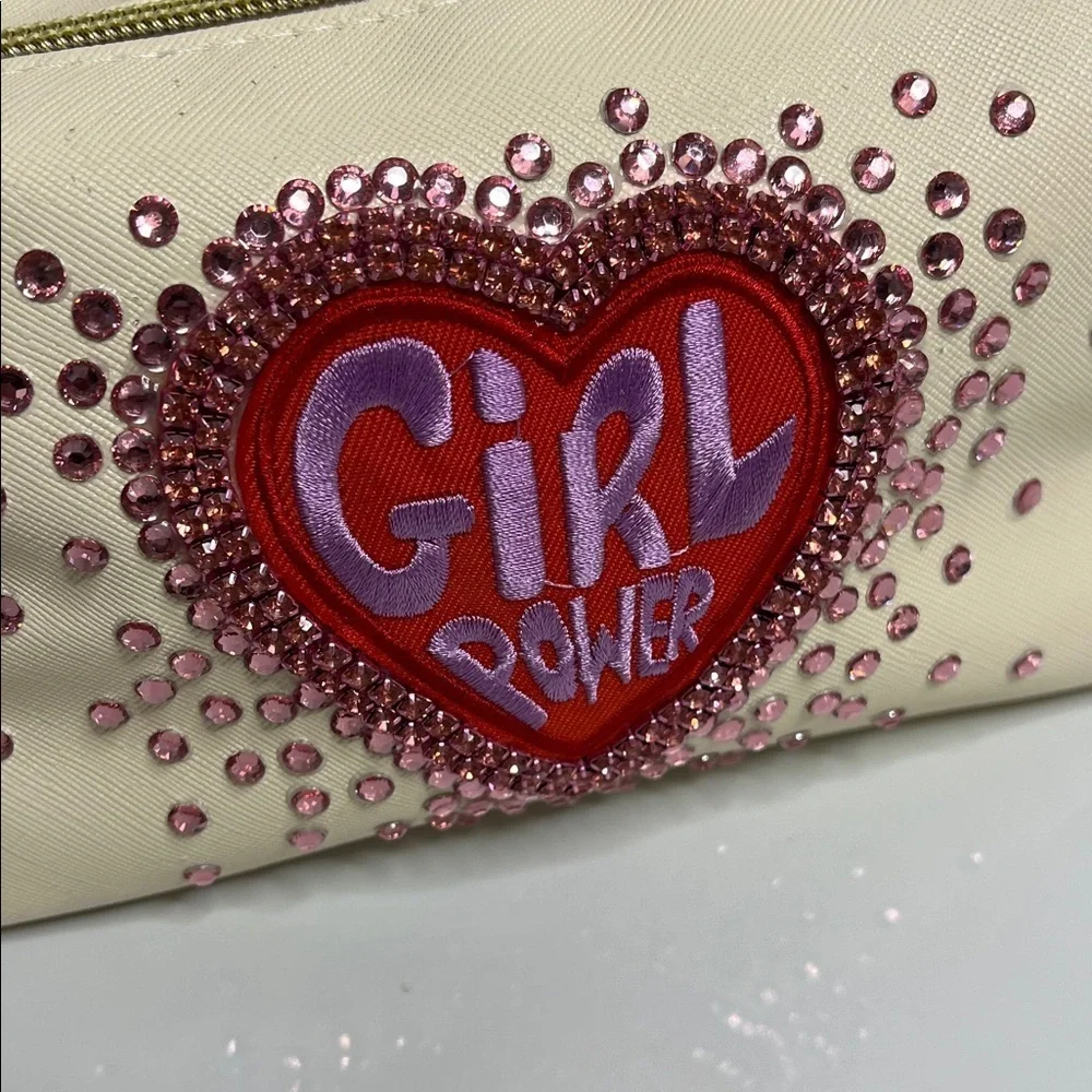 Cream Makeup Bag with Girl Power Crystal  Design